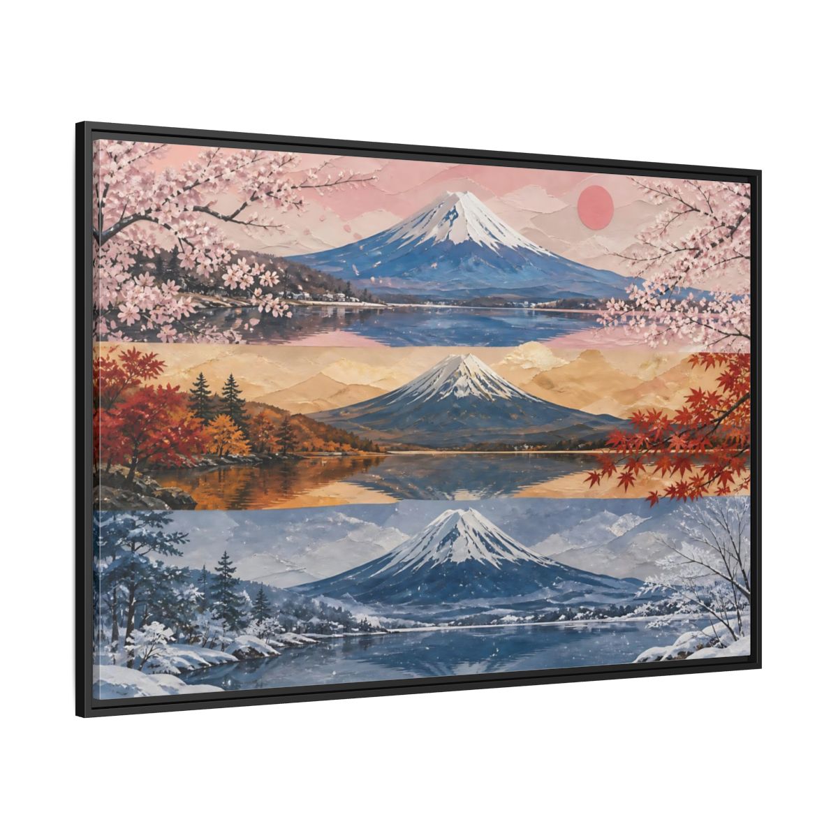 Side Mockup 12. Three Seasons Of Mount Fuji shown as framed canvas print