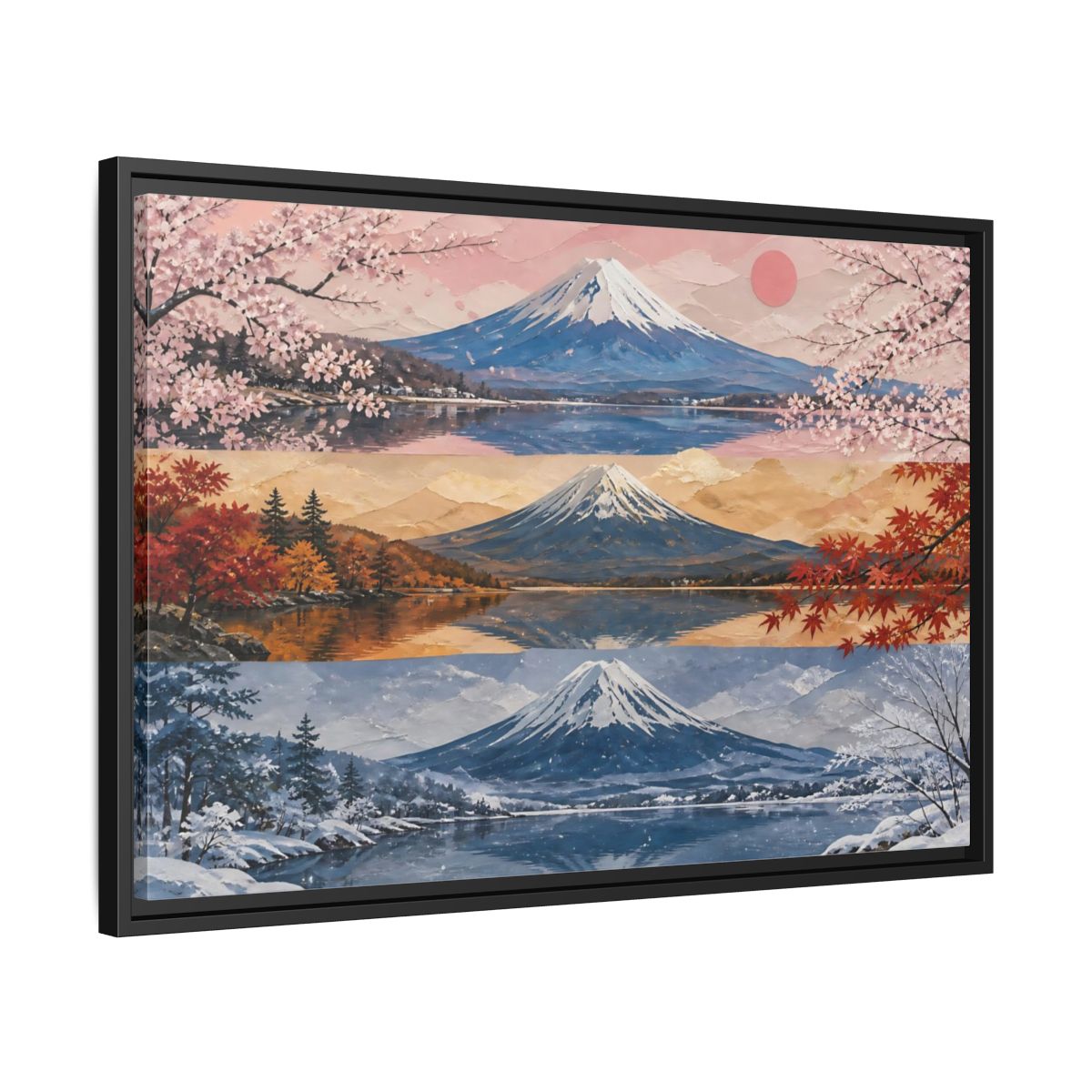 Side Mockup 14. Three Seasons Of Mount Fuji shown as framed canvas print