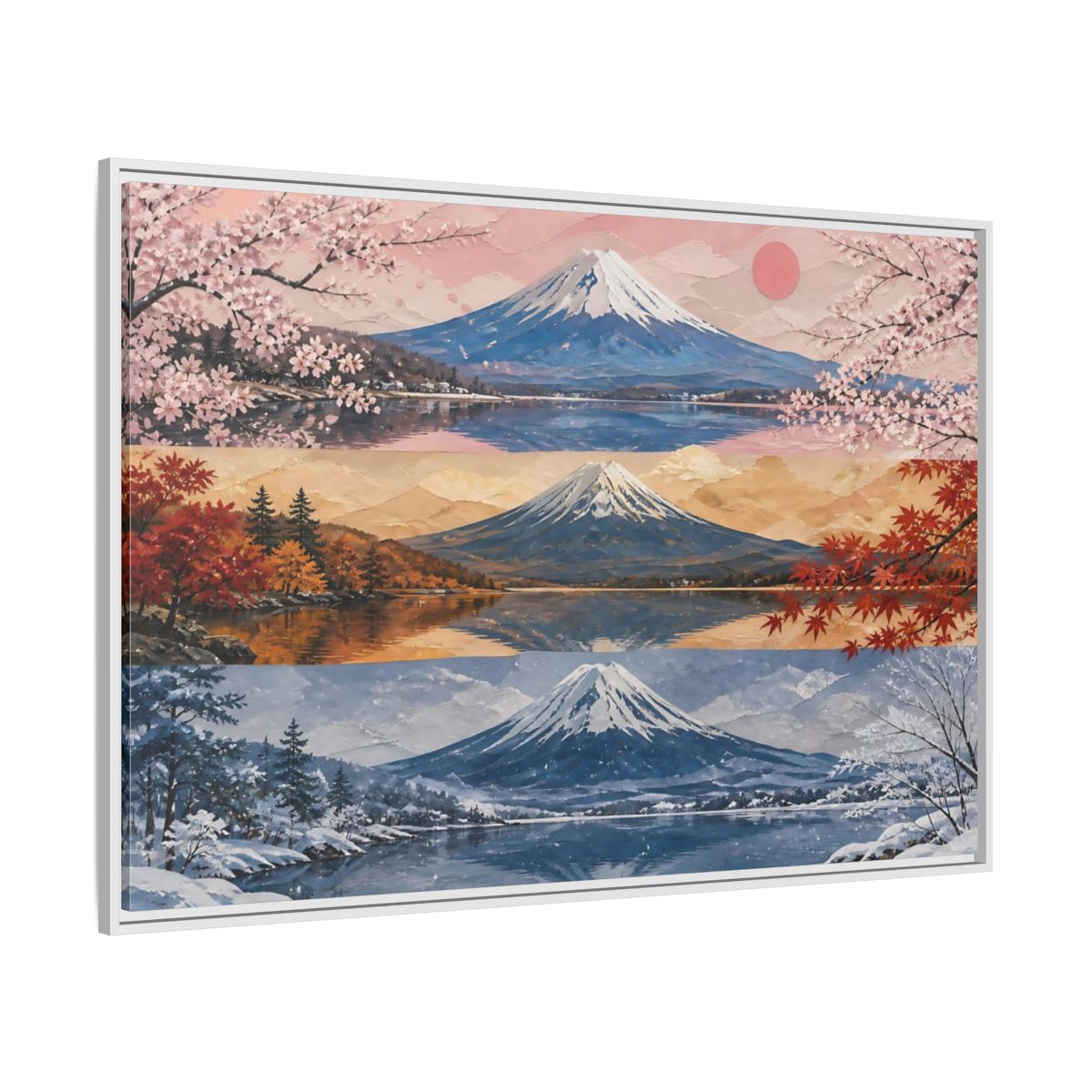 Side Mockup 7. Three Seasons Of Mount Fuji shown as framed canvas print