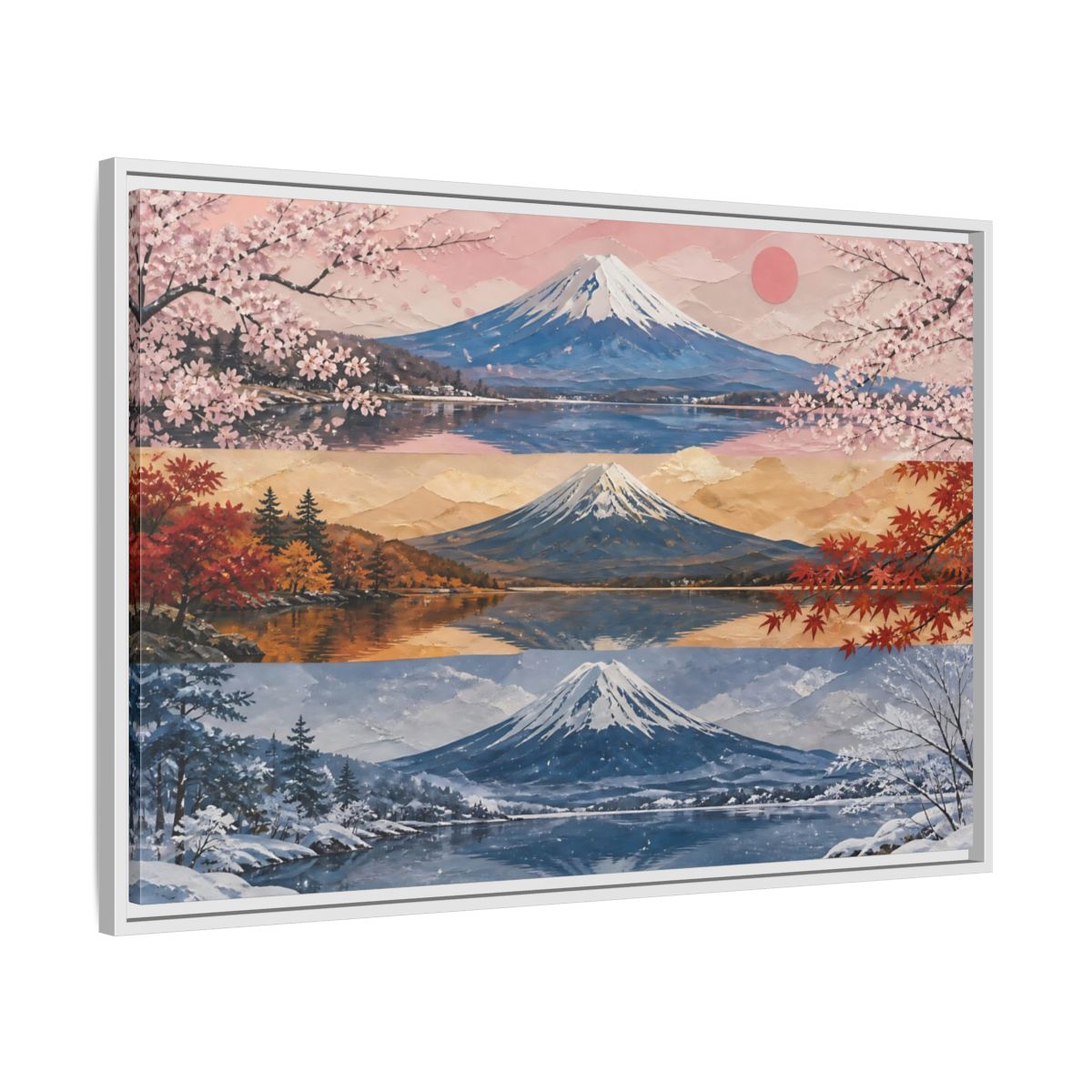 Side Mockup 9. Three Seasons Of Mount Fuji shown as framed canvas print