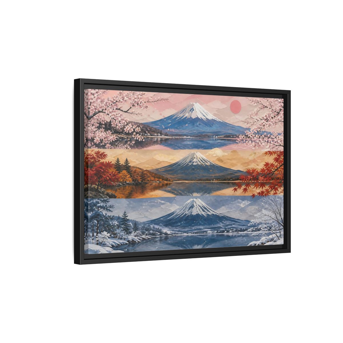 Side Mockup 3. Three Seasons Of Mount Fuji shown as framed canvas print