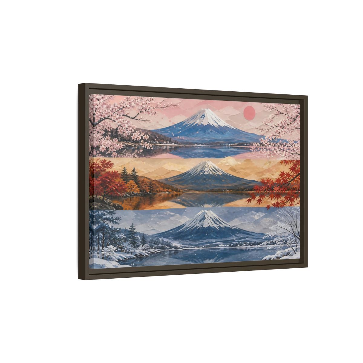 Side Mockup 2. Three Seasons Of Mount Fuji shown as framed canvas print