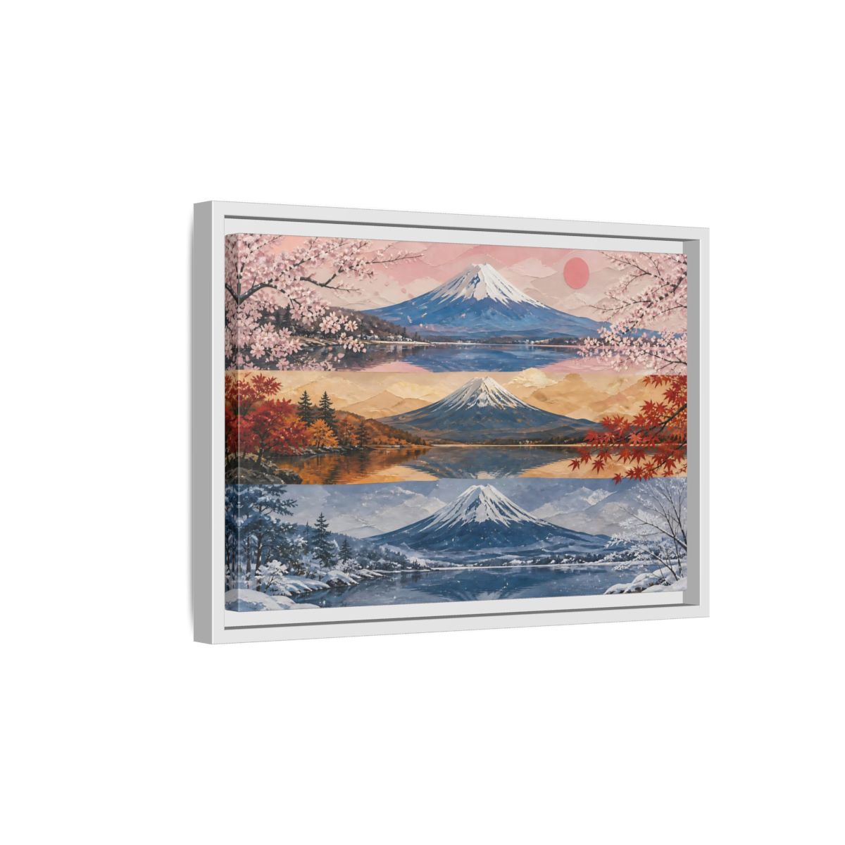 Side Mockup 4. Three Seasons Of Mount Fuji shown as framed canvas print