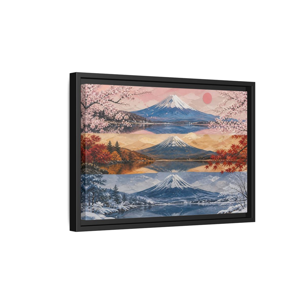 Side Mockup 6. Three Seasons Of Mount Fuji shown as framed canvas print