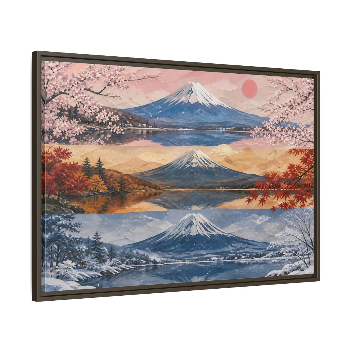 Main Mockup. Three Seasons Of Mount Fuji shown as framed canvas print