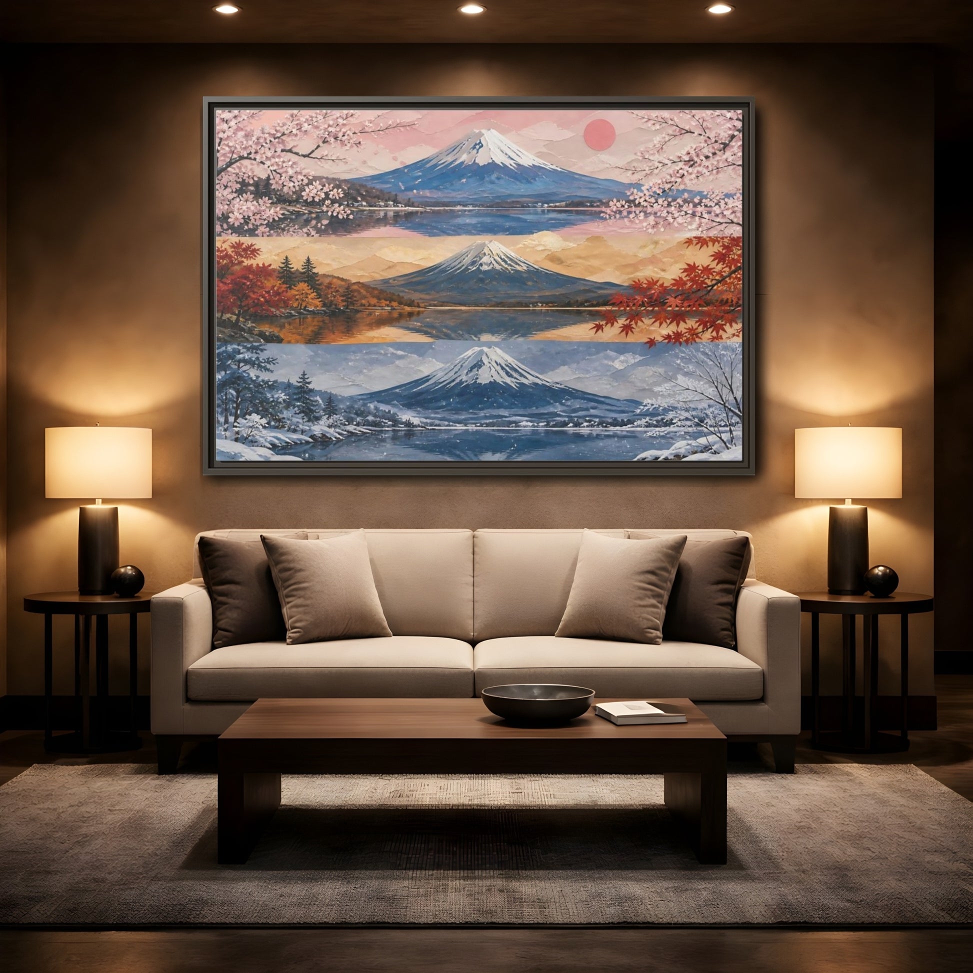 Mockup 2. Three Seasons Of Mount Fuji shown as framed canvas print