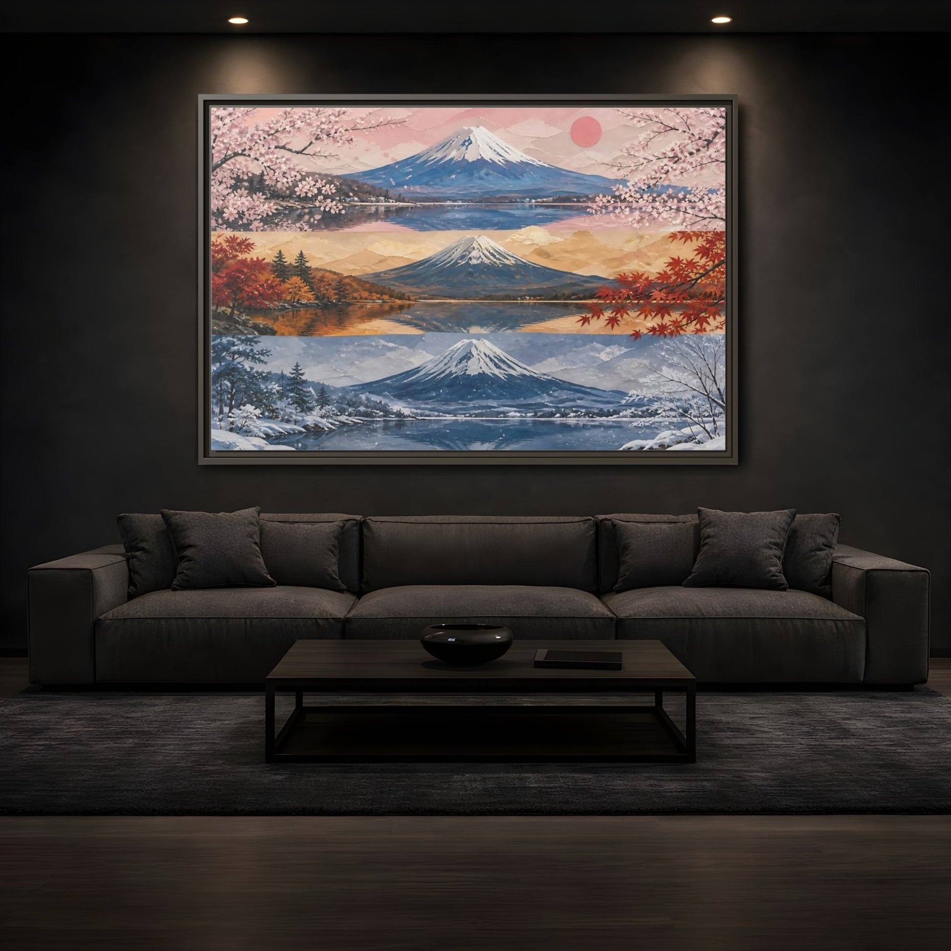 Mockup 3. Three Seasons Of Mount Fuji shown as framed canvas print
