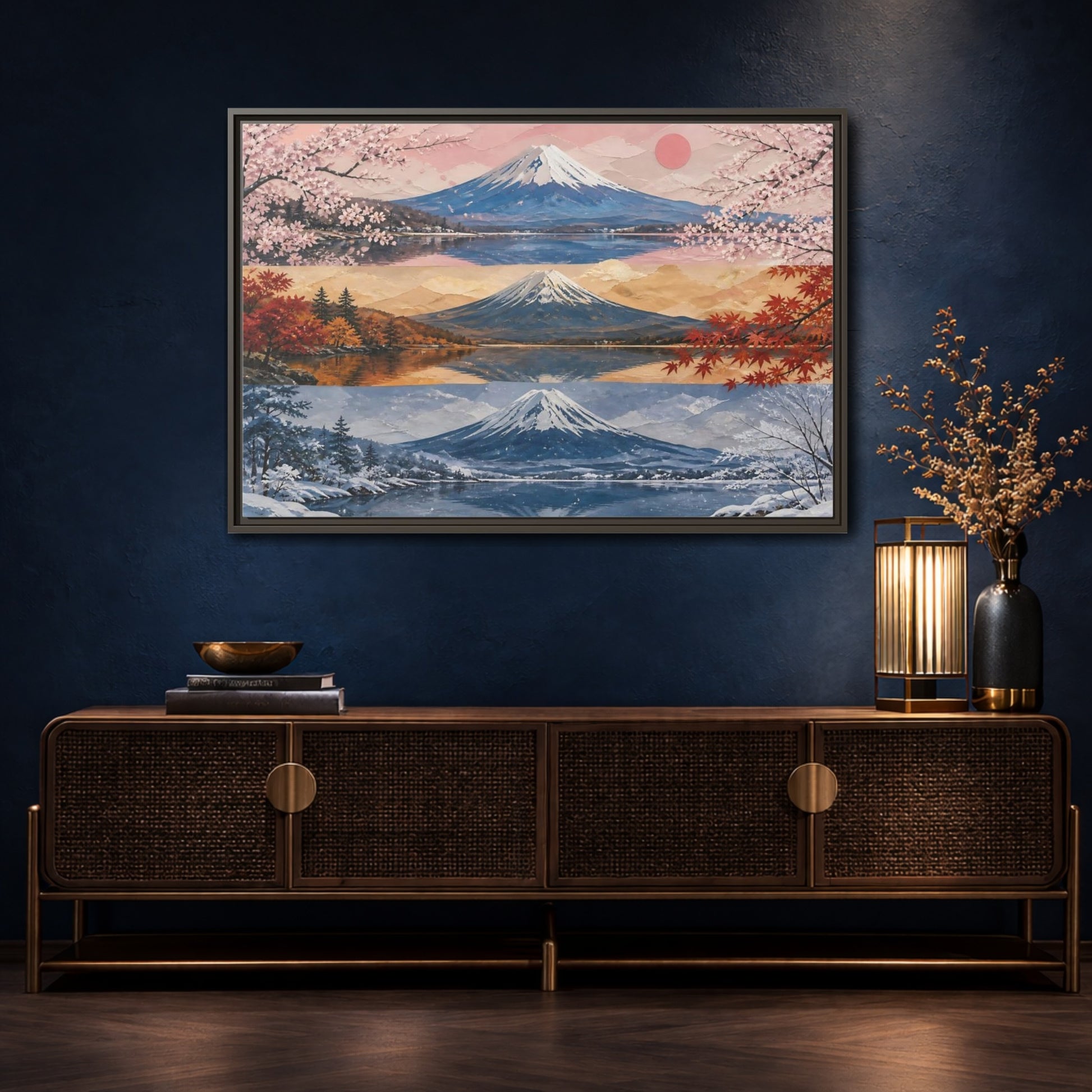 Mockup 4. Three Seasons Of Mount Fuji shown as framed canvas print