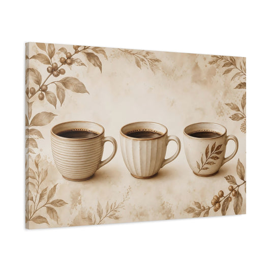 Main Mockup. Three Sepia Coffee Cups shown as canvas print