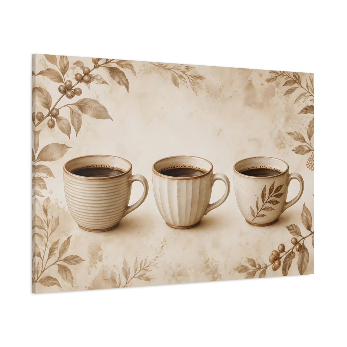 Side Mockup 1. Three Sepia Coffee Cups shown as canvas print