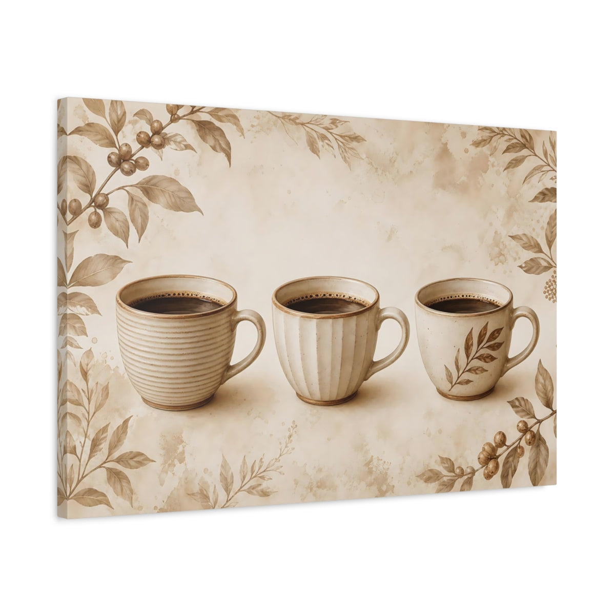 Side Mockup 2. Three Sepia Coffee Cups shown as canvas print