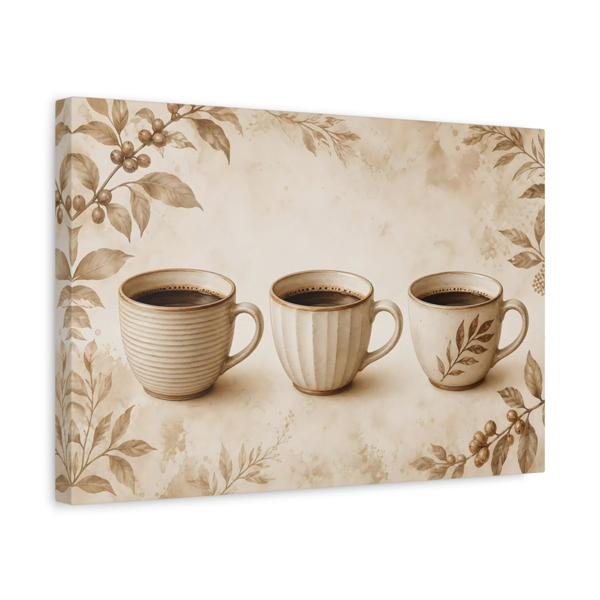 Side Mockup 4. Three Sepia Coffee Cups shown as canvas print