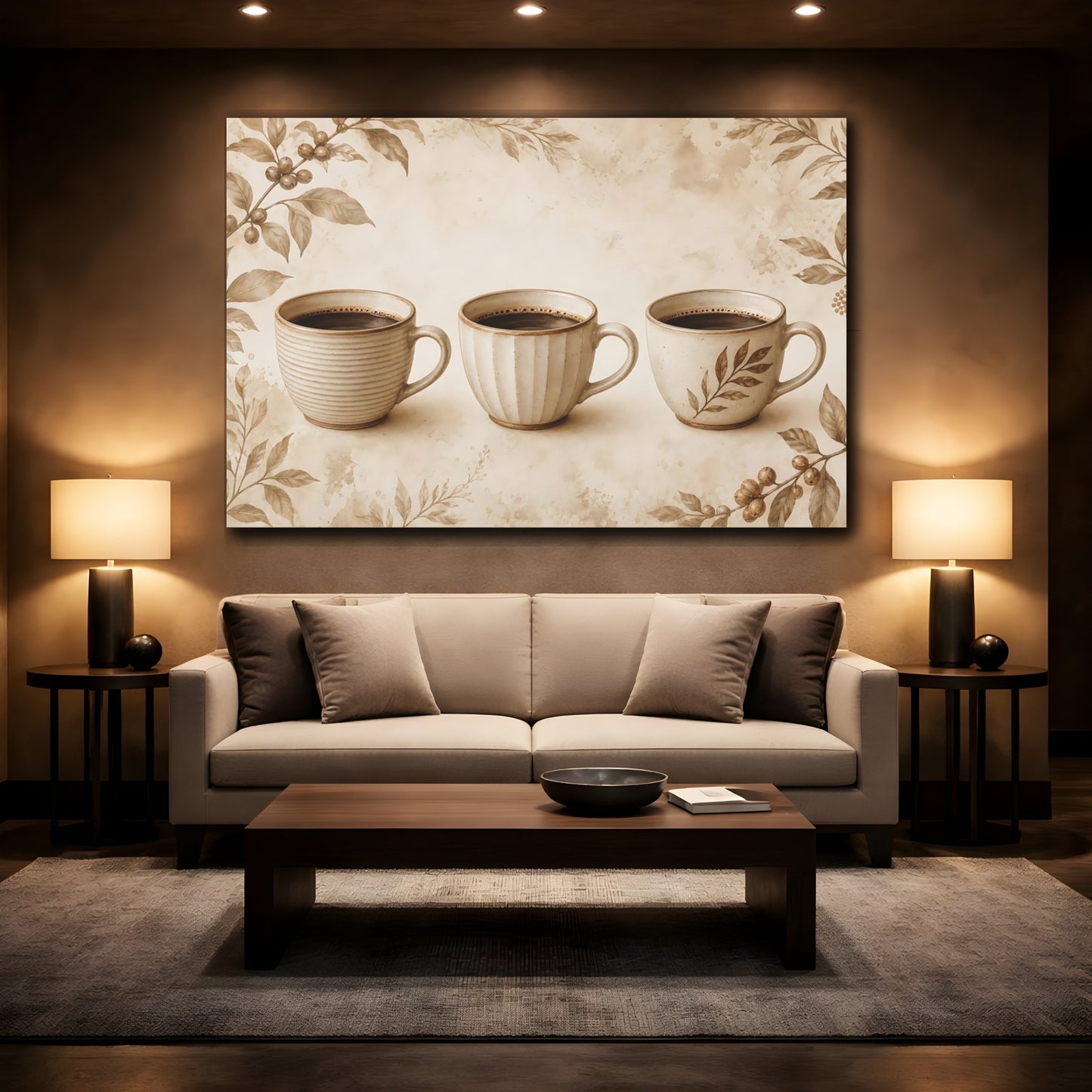 Mockup 2. Three Sepia Coffee Cups shown as canvas print