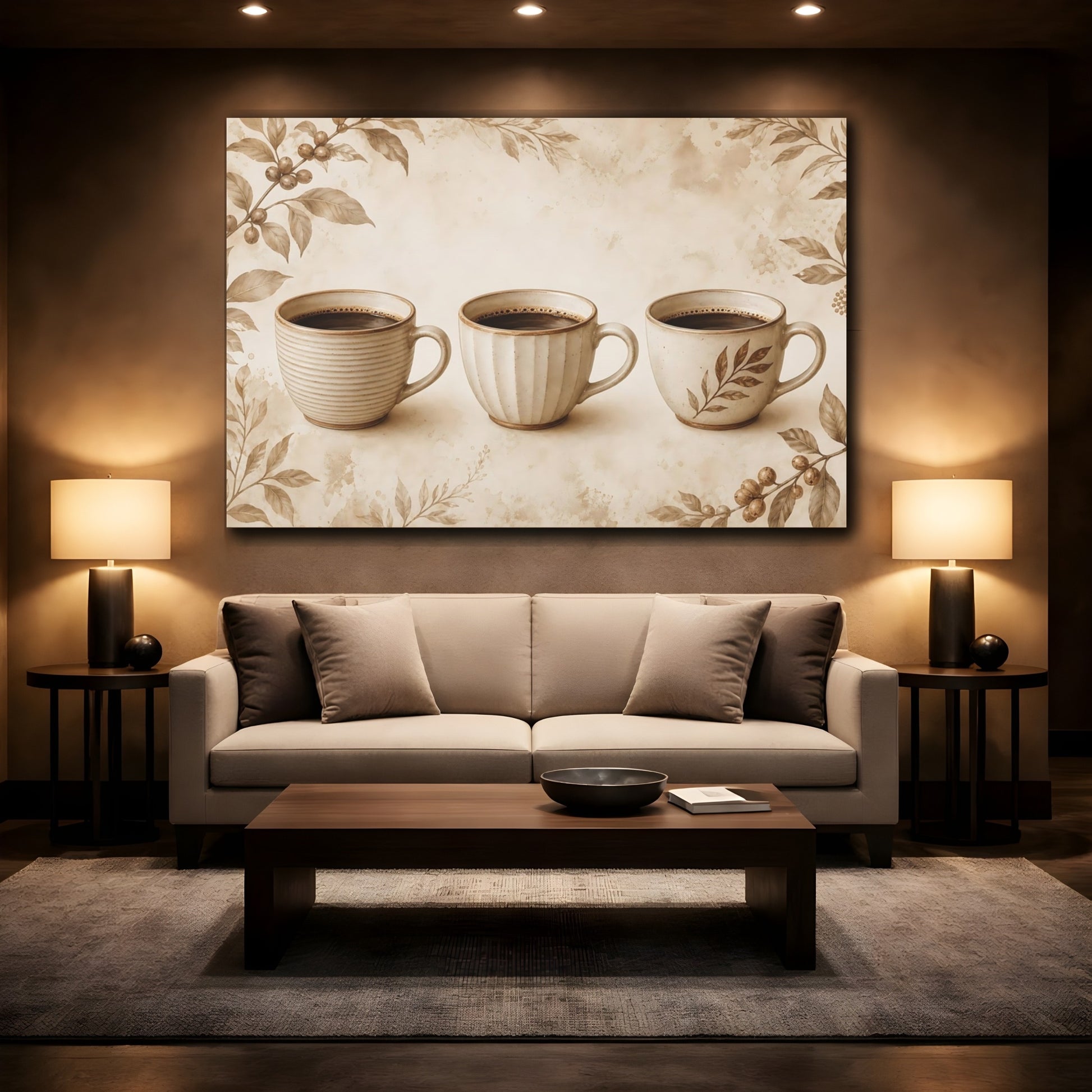 Mockup 2. Three Sepia Coffee Cups shown as canvas print