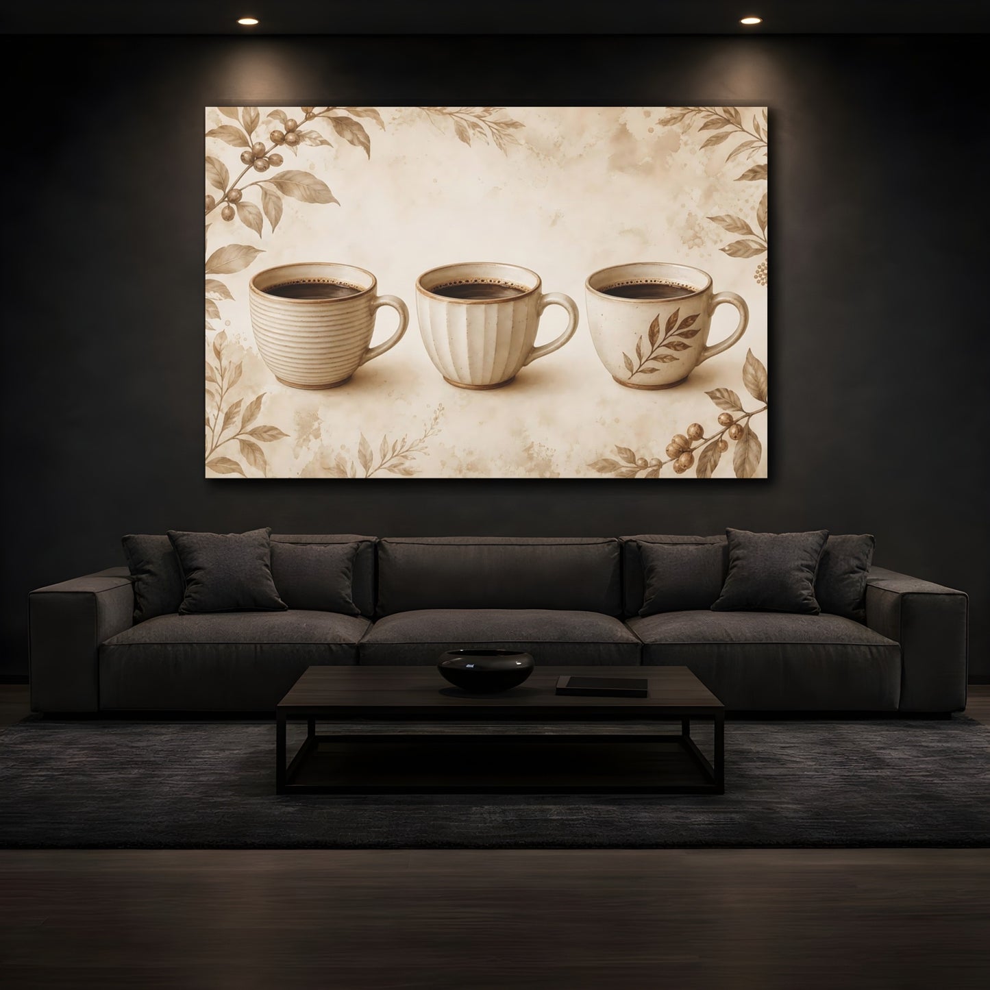 Mockup 3. Three Sepia Coffee Cups shown as canvas print