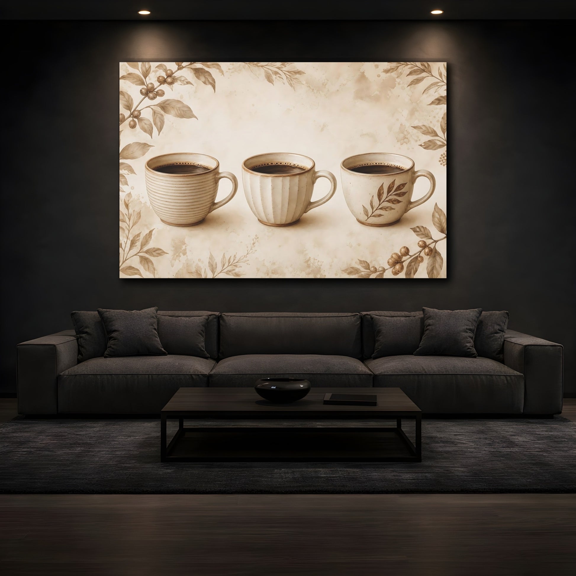 Mockup 3. Three Sepia Coffee Cups shown as canvas print