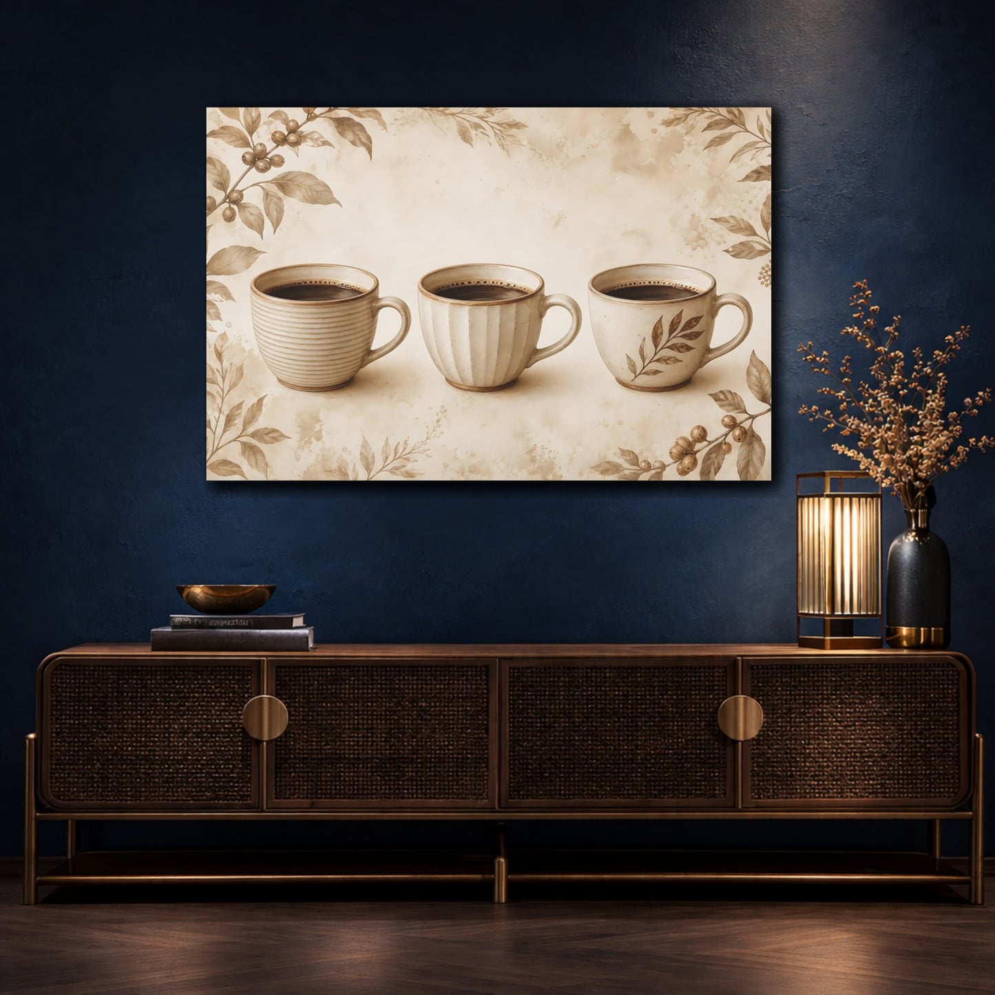 Mockup 4. Three Sepia Coffee Cups shown as canvas print