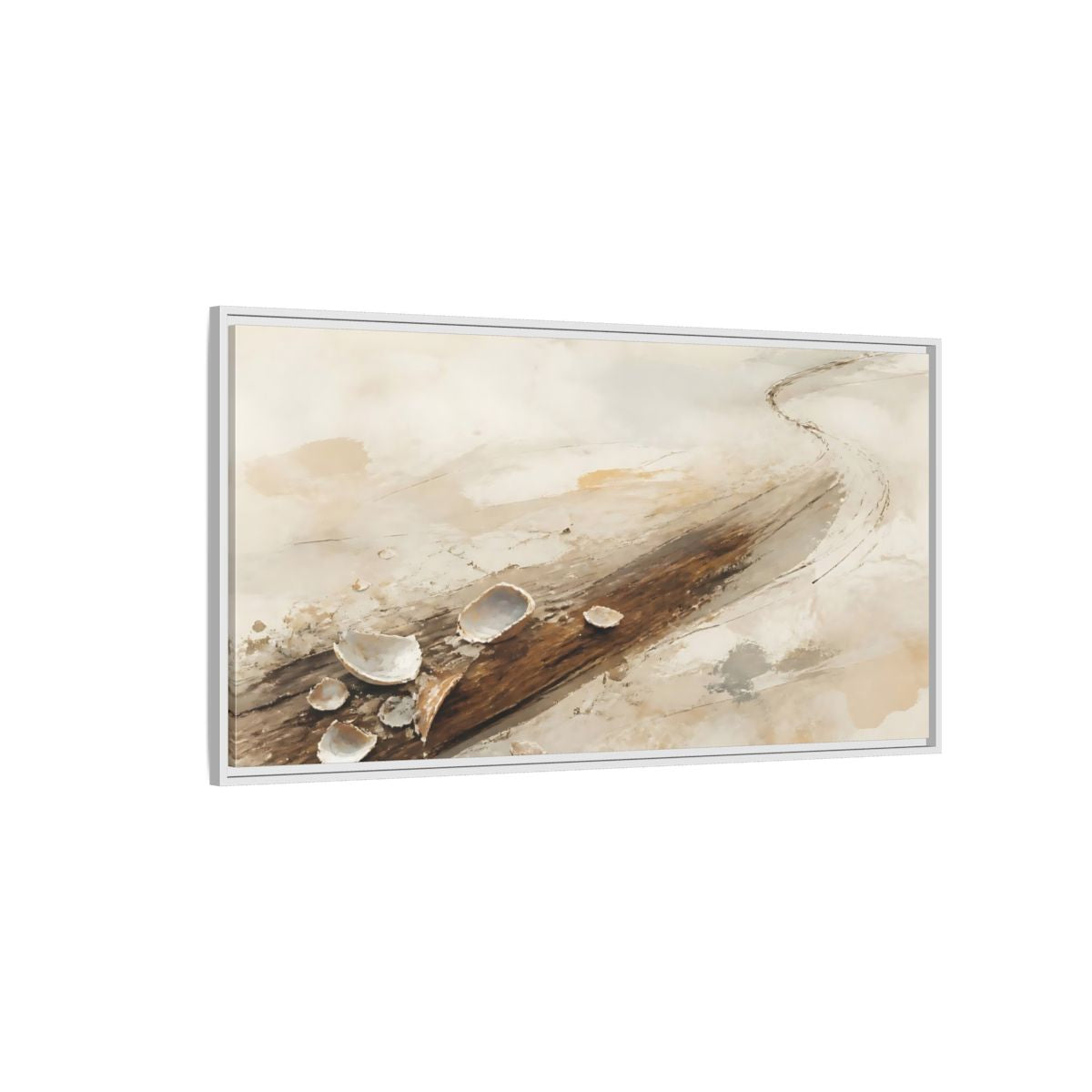 Side Mockup 3. Tide-Worn Shells On Driftwood shown as framed canvas print