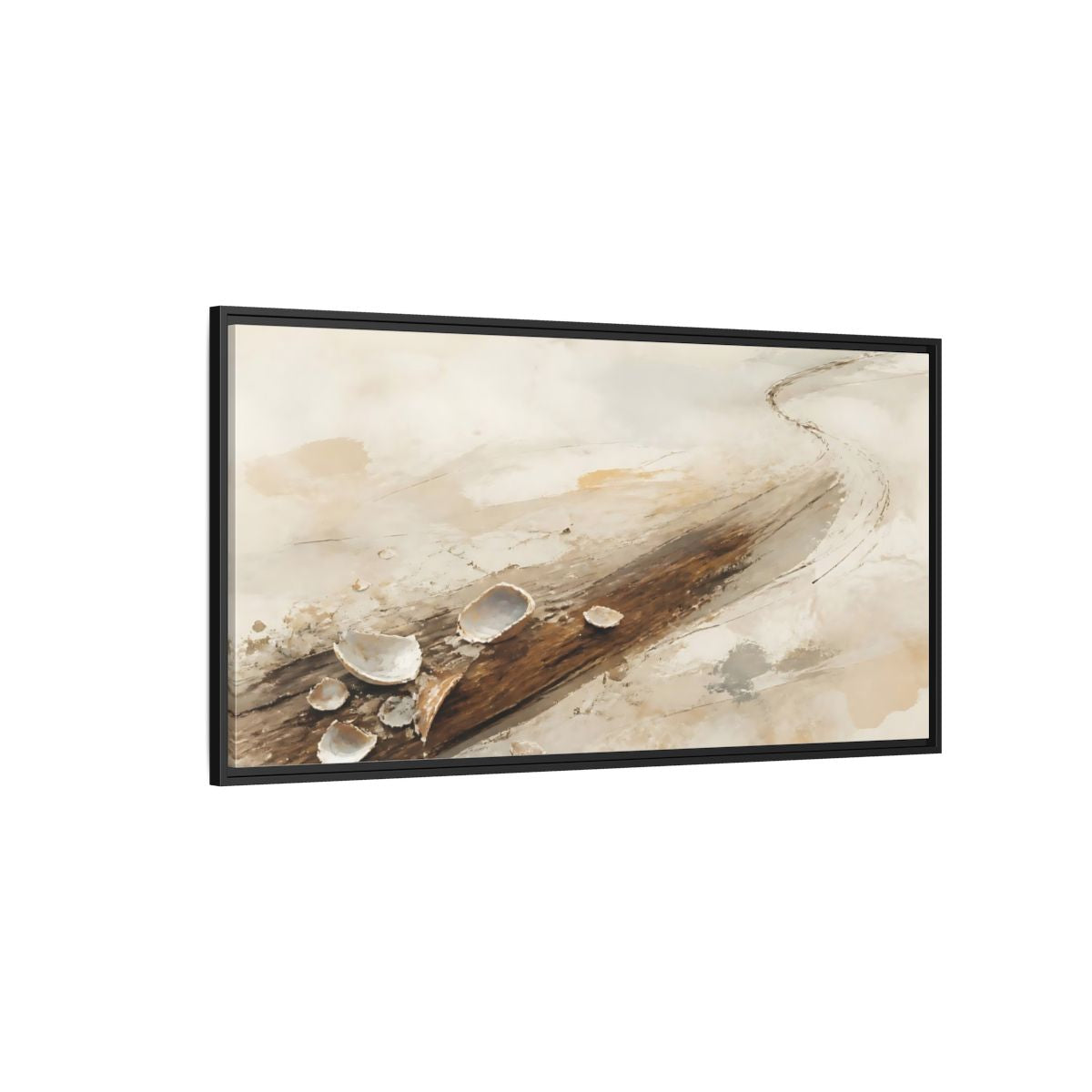 Side Mockup 5. Tide-Worn Shells On Driftwood shown as framed canvas print