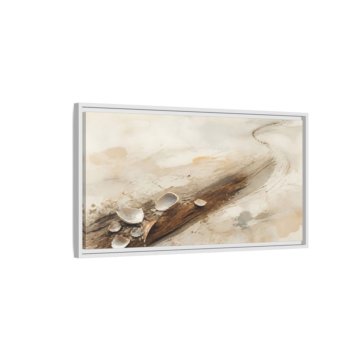 Side Mockup 1. Tide-Worn Shells On Driftwood shown as framed canvas print