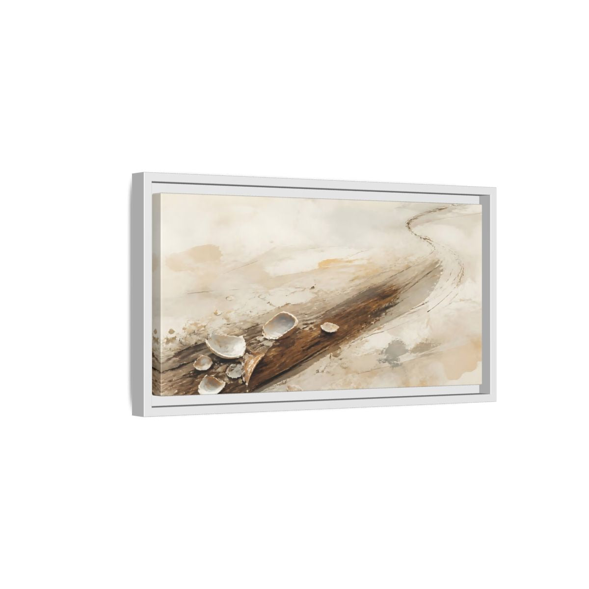 Side Mockup 6. Tide-Worn Shells On Driftwood shown as framed canvas print