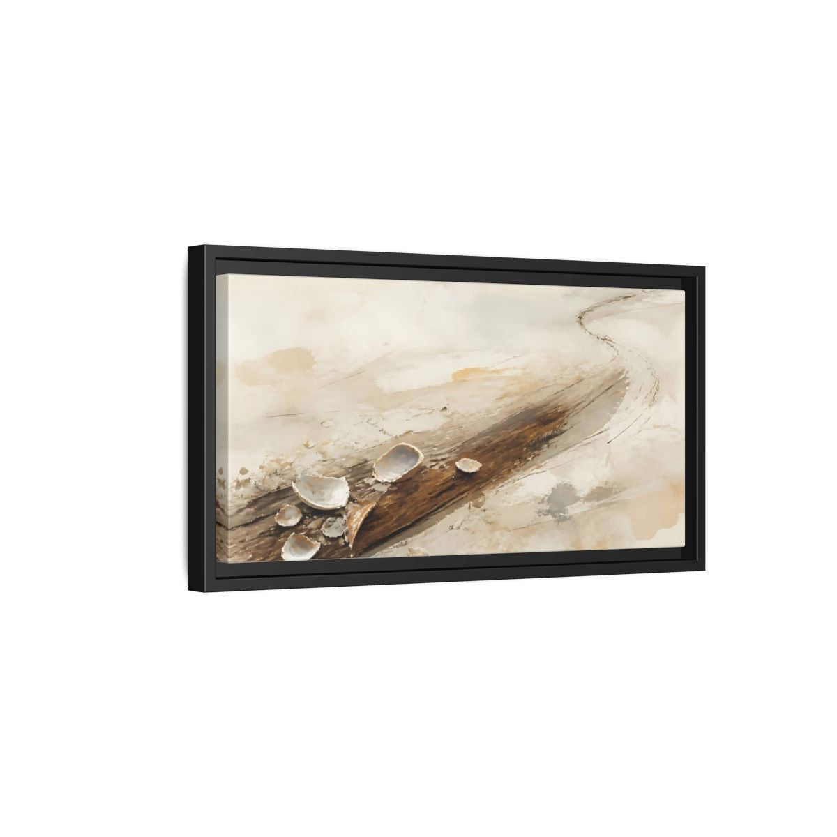 Side Mockup 8. Tide-Worn Shells On Driftwood shown as framed canvas print