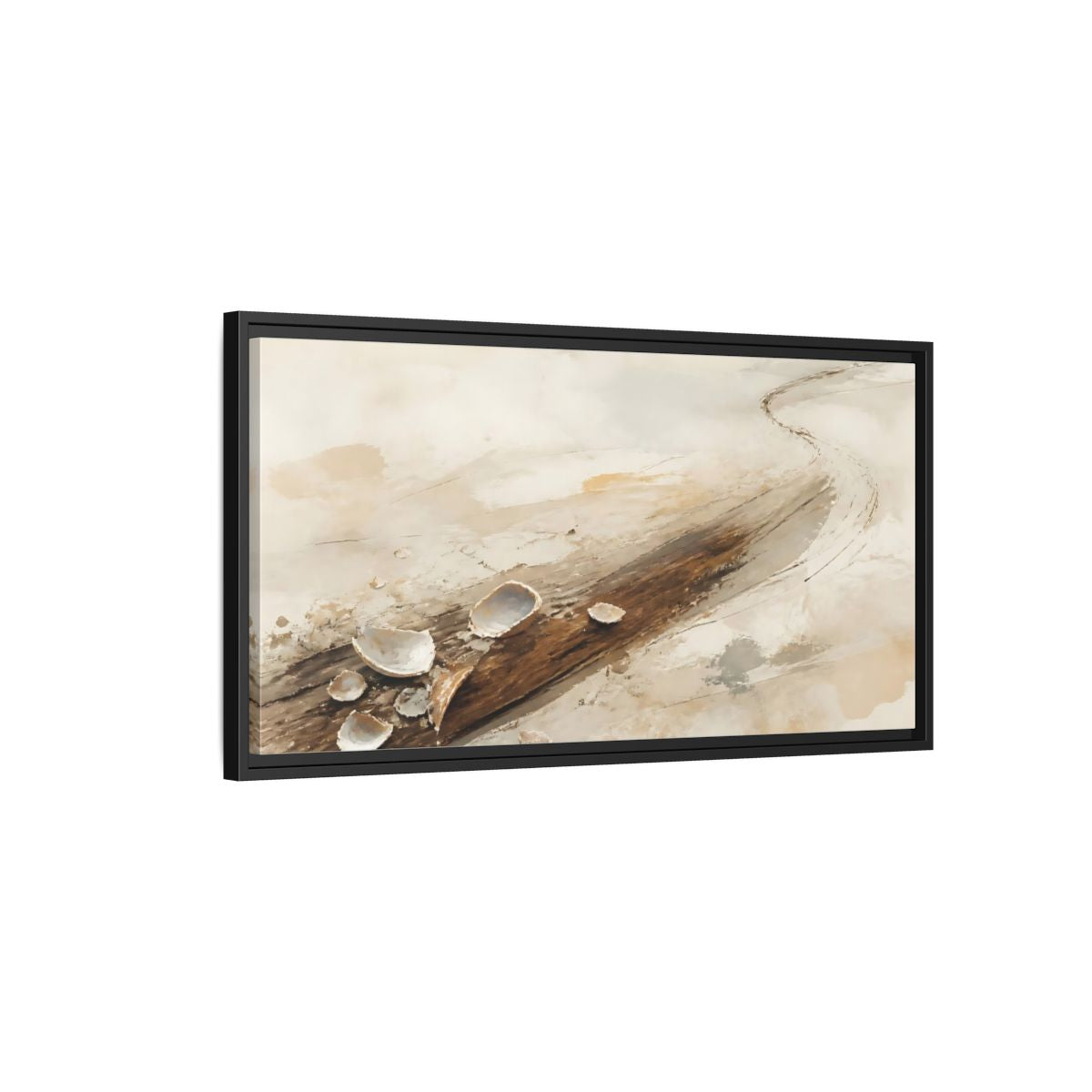 Side Mockup 2. Tide-Worn Shells On Driftwood shown as framed canvas print