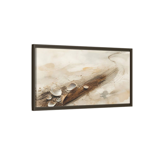 Main Mockup. Tide-Worn Shells On Driftwood shown as framed canvas print
