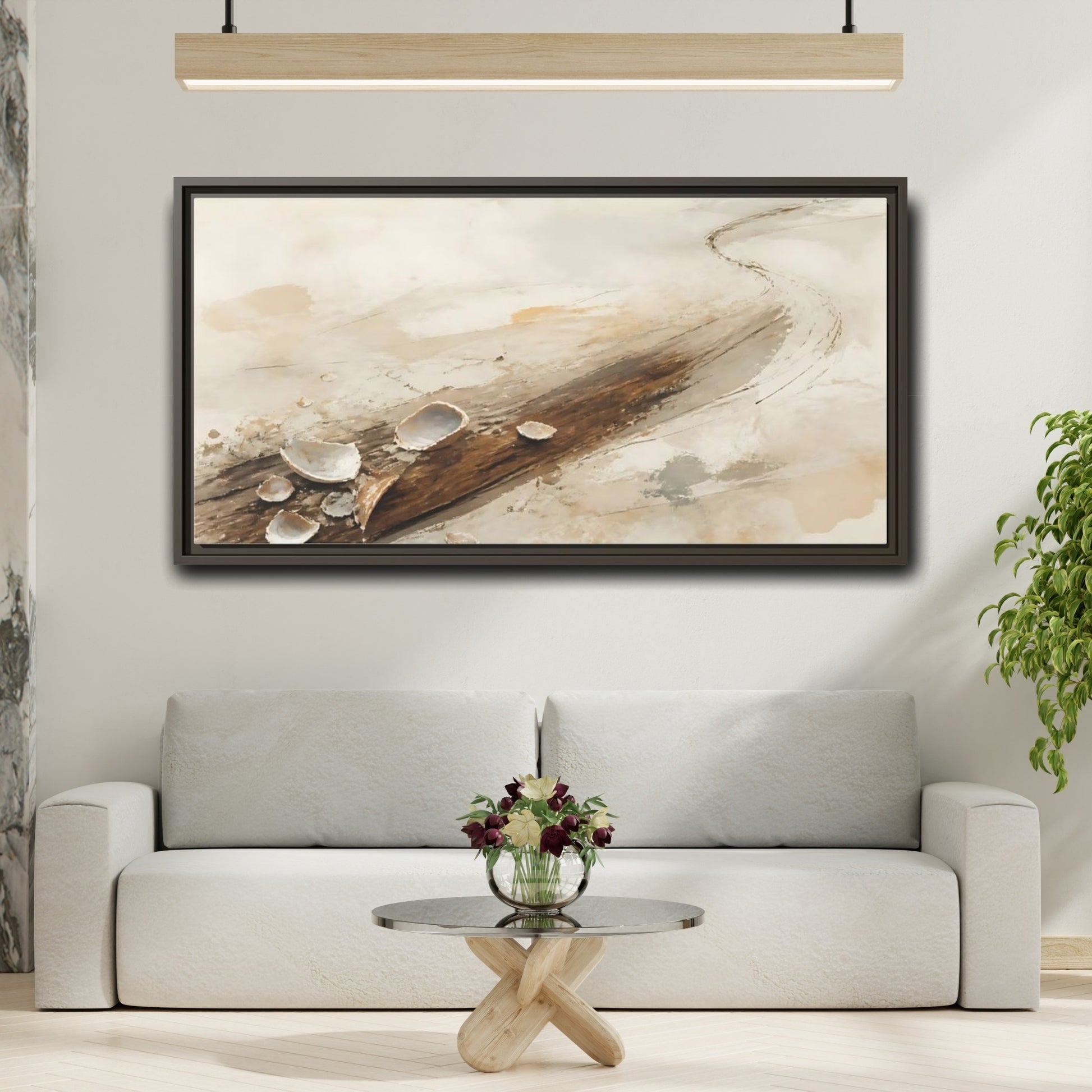 Mockup 2. Tide-Worn Shells On Driftwood shown as framed canvas print