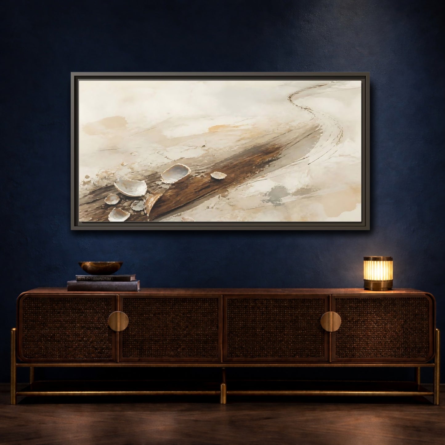 Mockup 4. Tide-Worn Shells On Driftwood shown as framed canvas print
