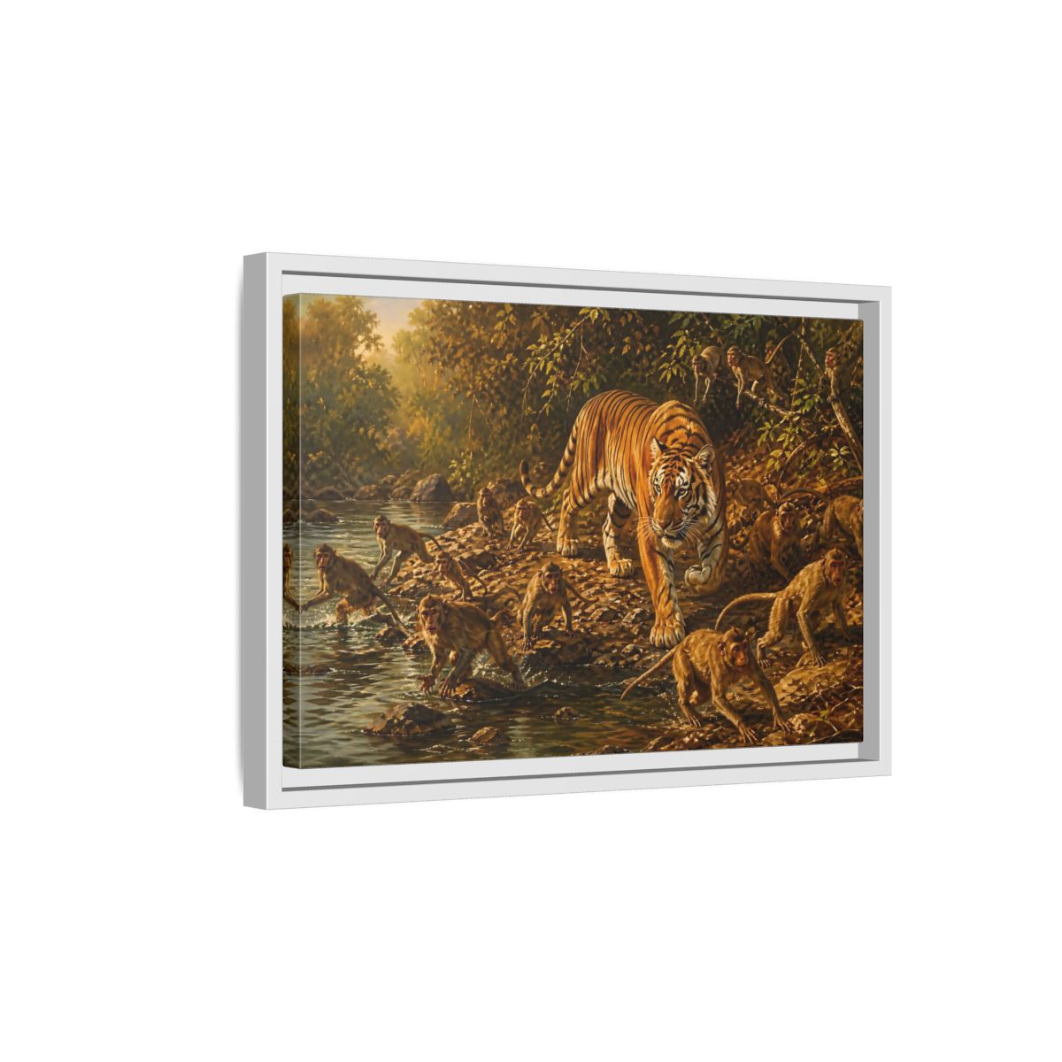 Side Mockup 4. Tiger Among Monkeys shown as framed canvas print