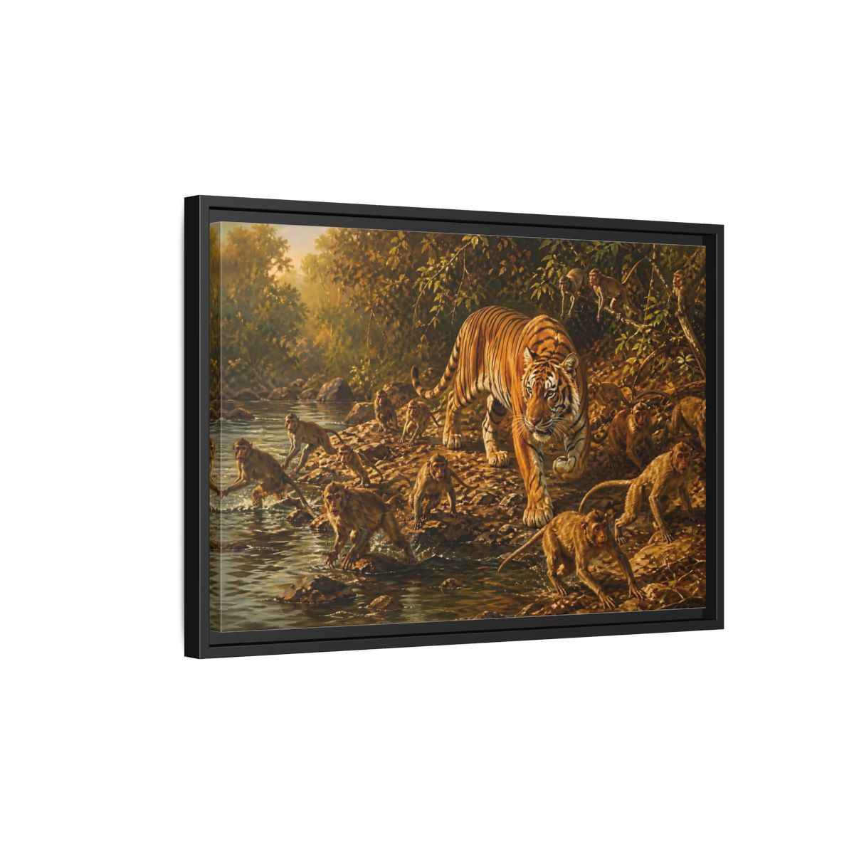Side Mockup 3. Tiger Among Monkeys shown as framed canvas print