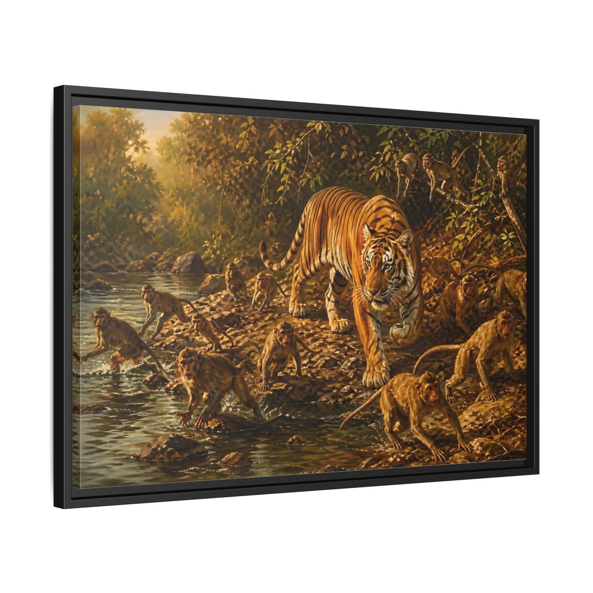 Side Mockup 14. Tiger Among Monkeys shown as framed canvas print