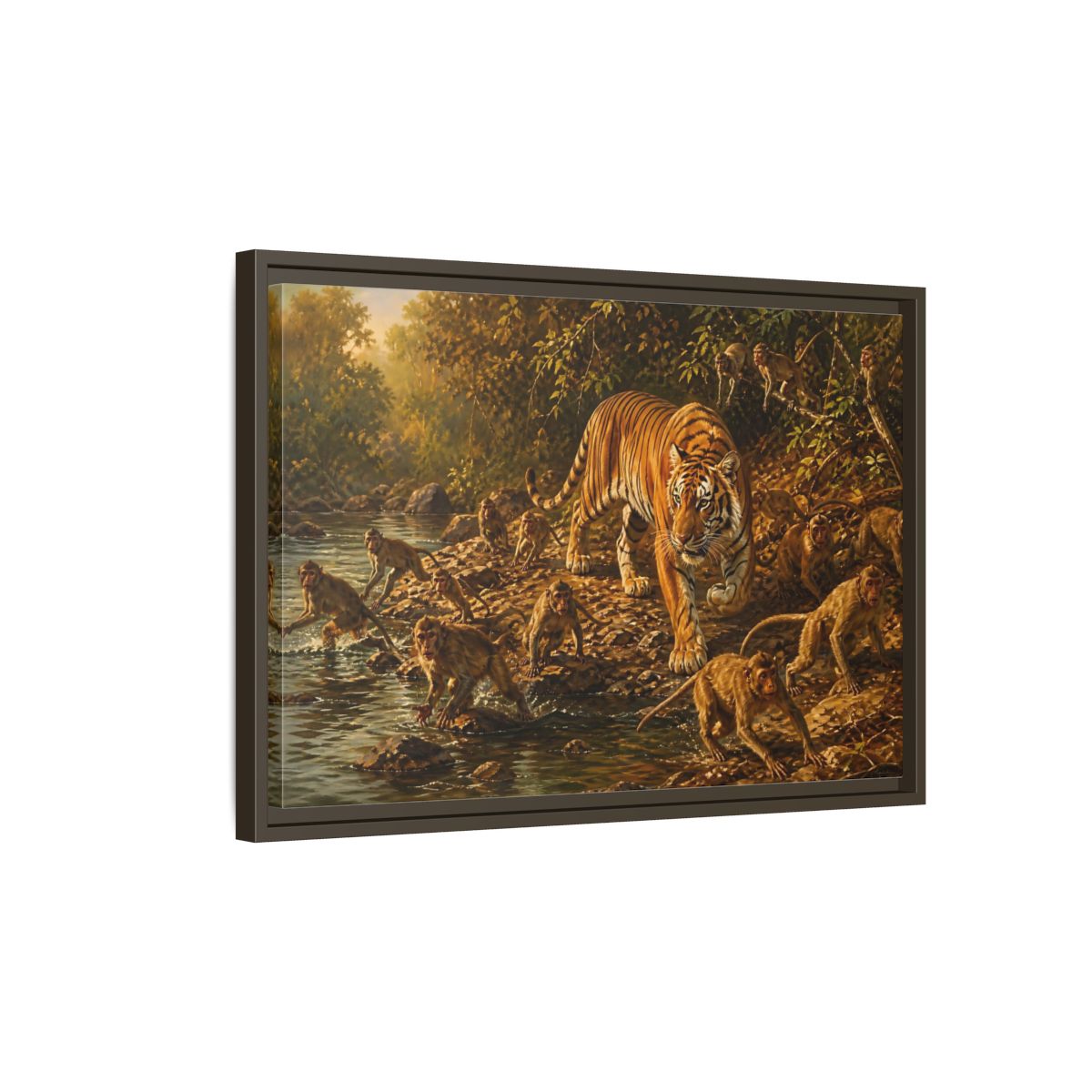 Side Mockup 2. Tiger Among Monkeys shown as framed canvas print