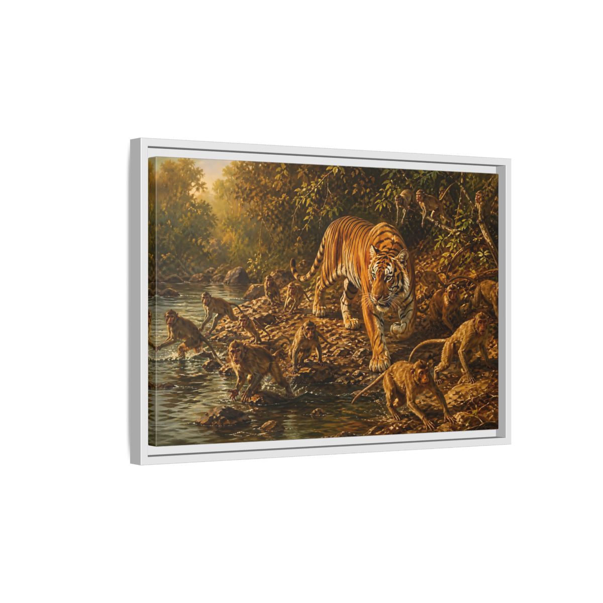 Side Mockup 1. Tiger Among Monkeys shown as framed canvas print