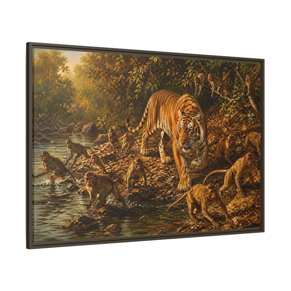 Side Mockup 8. Tiger Among Monkeys shown as framed canvas print