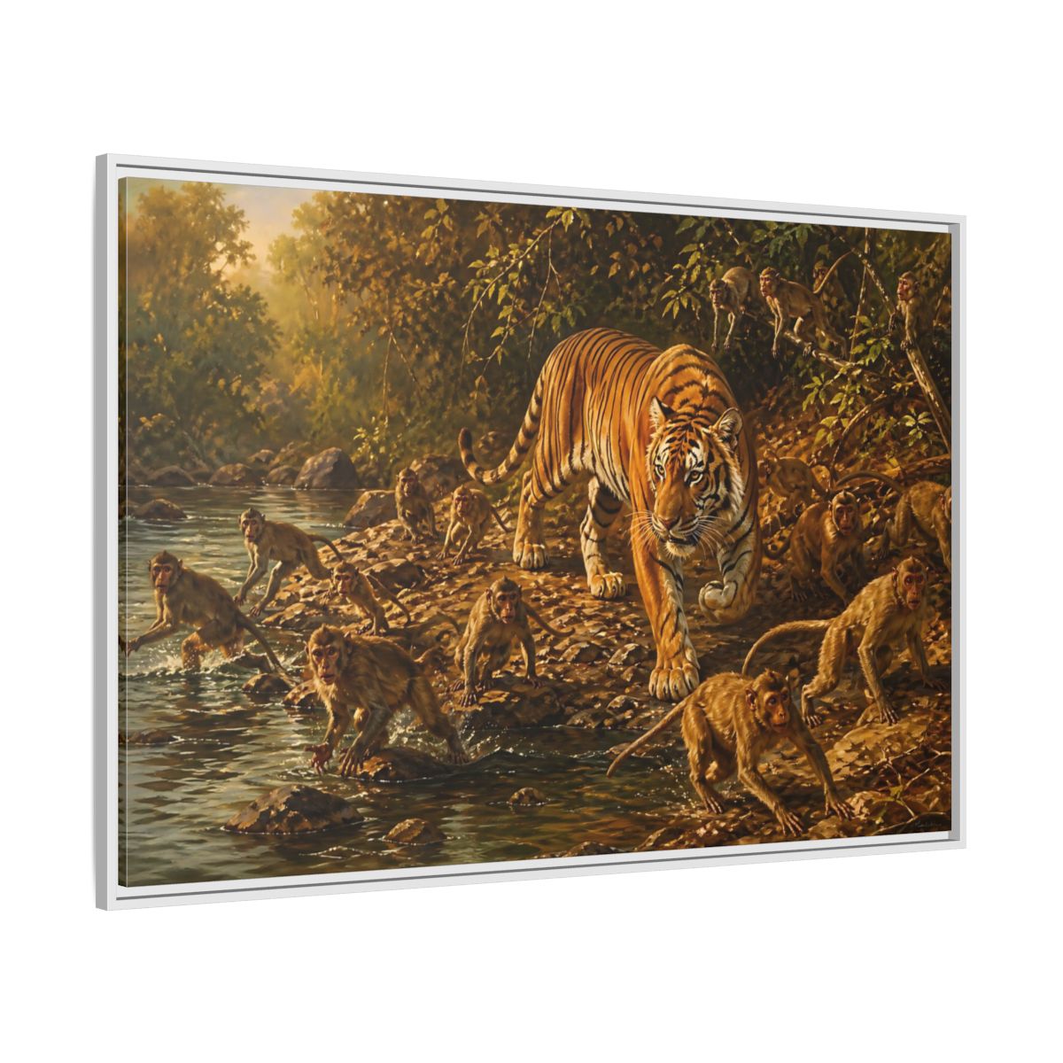 Side Mockup 7. Tiger Among Monkeys shown as framed canvas print