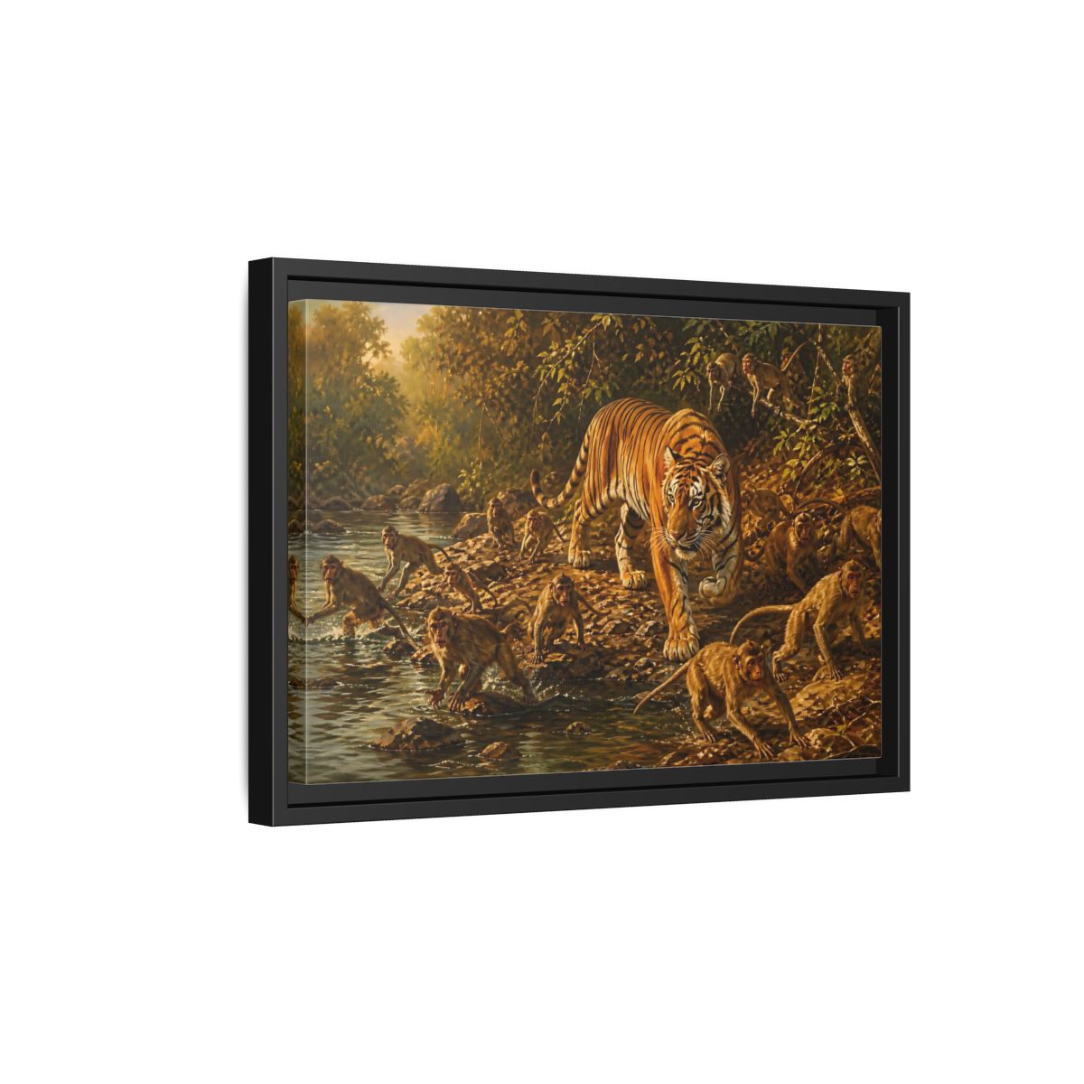 Side Mockup 6. Tiger Among Monkeys shown as framed canvas print