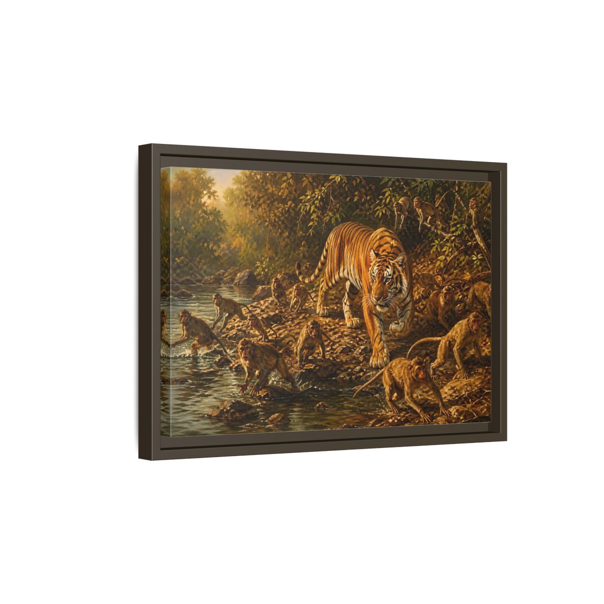 Side Mockup 5. Tiger Among Monkeys shown as framed canvas print