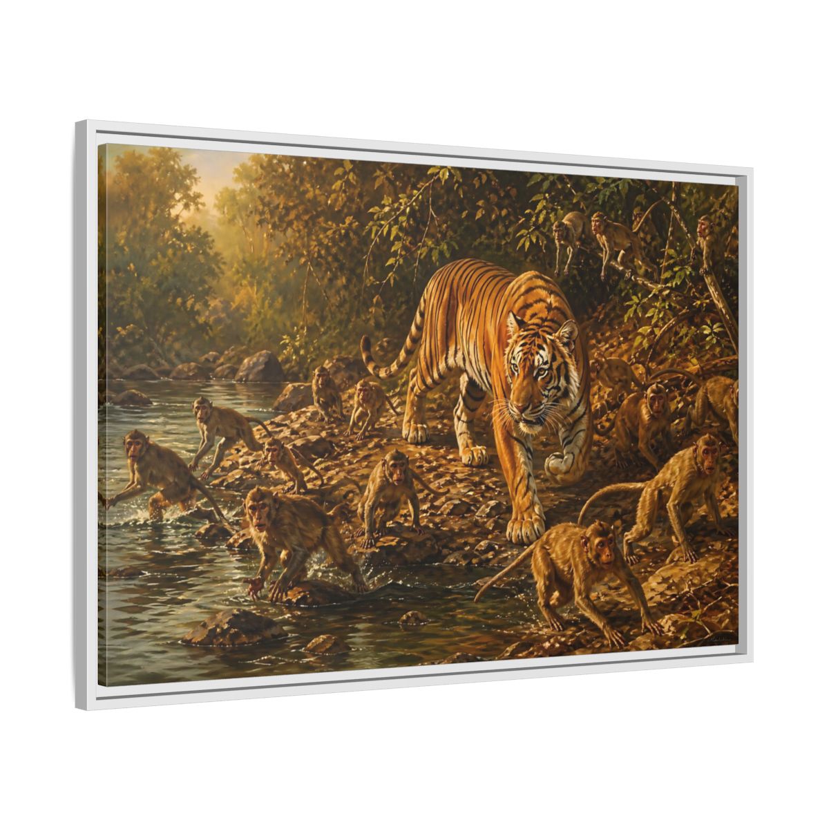 Side Mockup 9. Tiger Among Monkeys shown as framed canvas print
