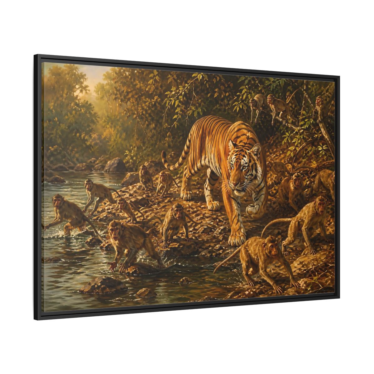 Side Mockup 12. Tiger Among Monkeys shown as framed canvas print