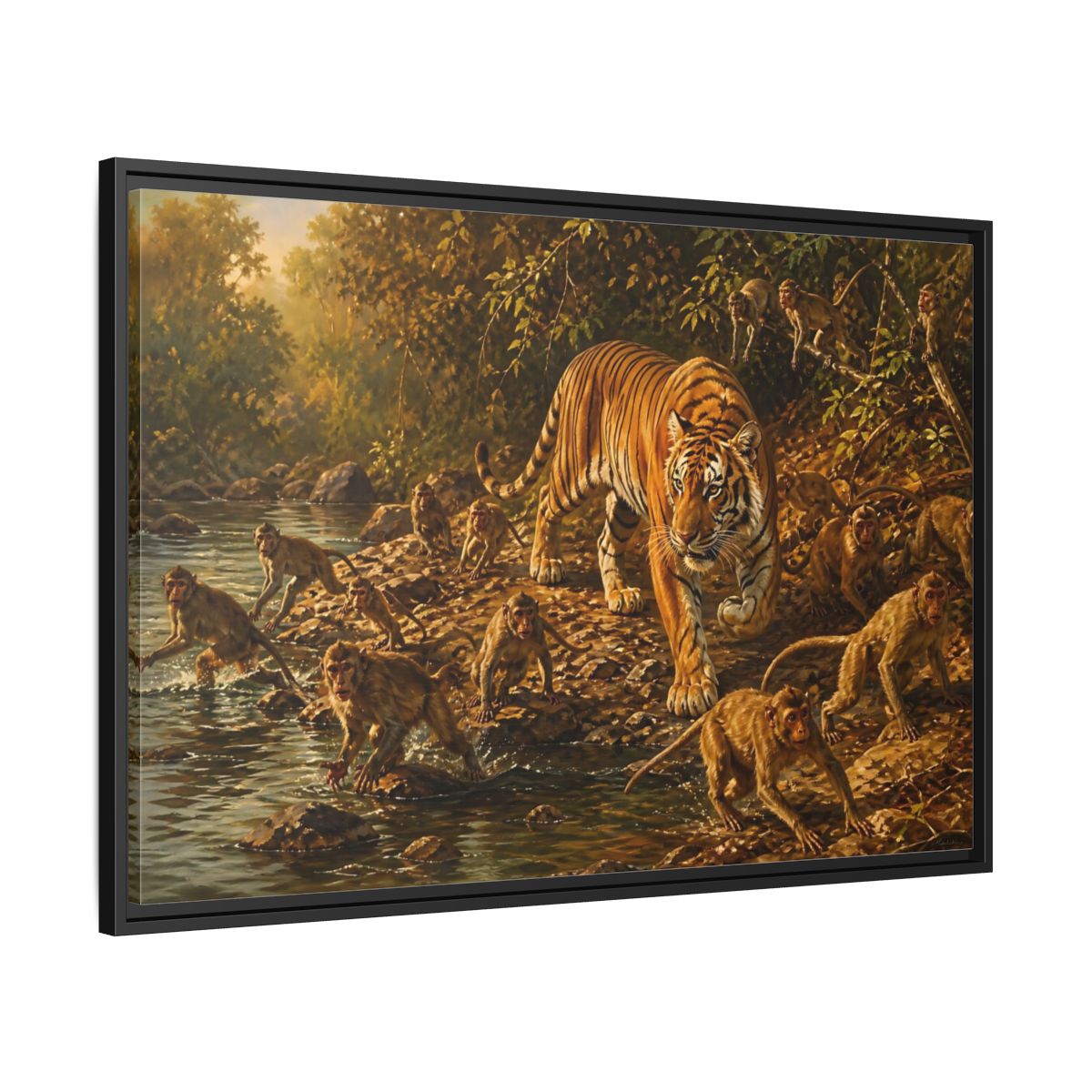 Side Mockup 13. Tiger Among Monkeys shown as framed canvas print