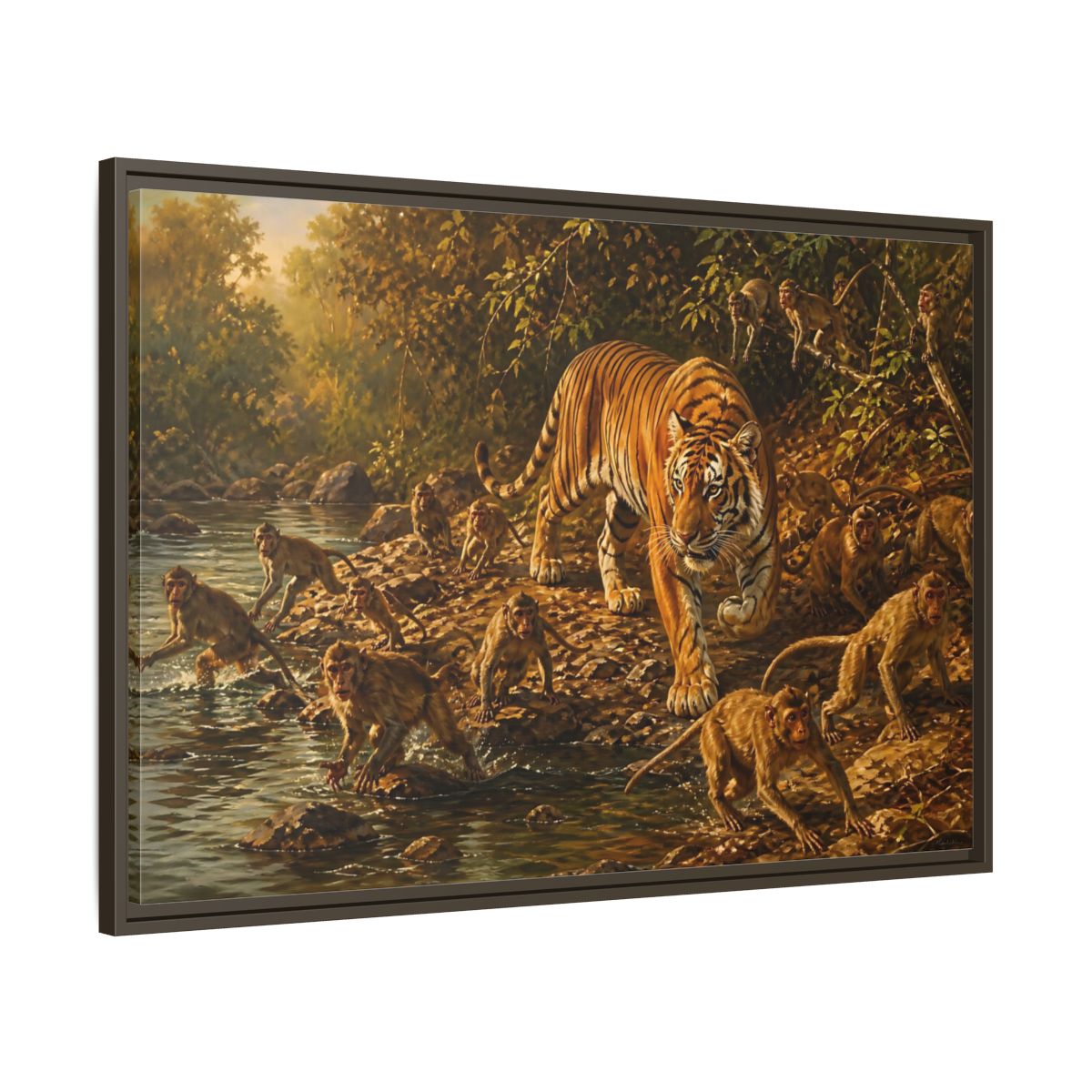 Main Mockup. Tiger Among Monkeys shown as framed canvas print