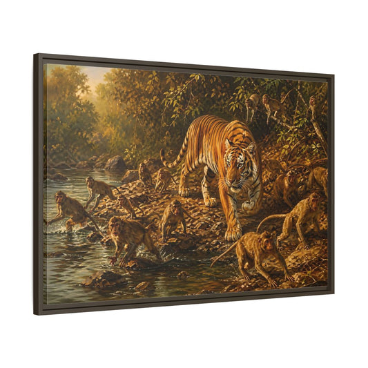 Main Mockup. Tiger Among Monkeys shown as framed canvas print