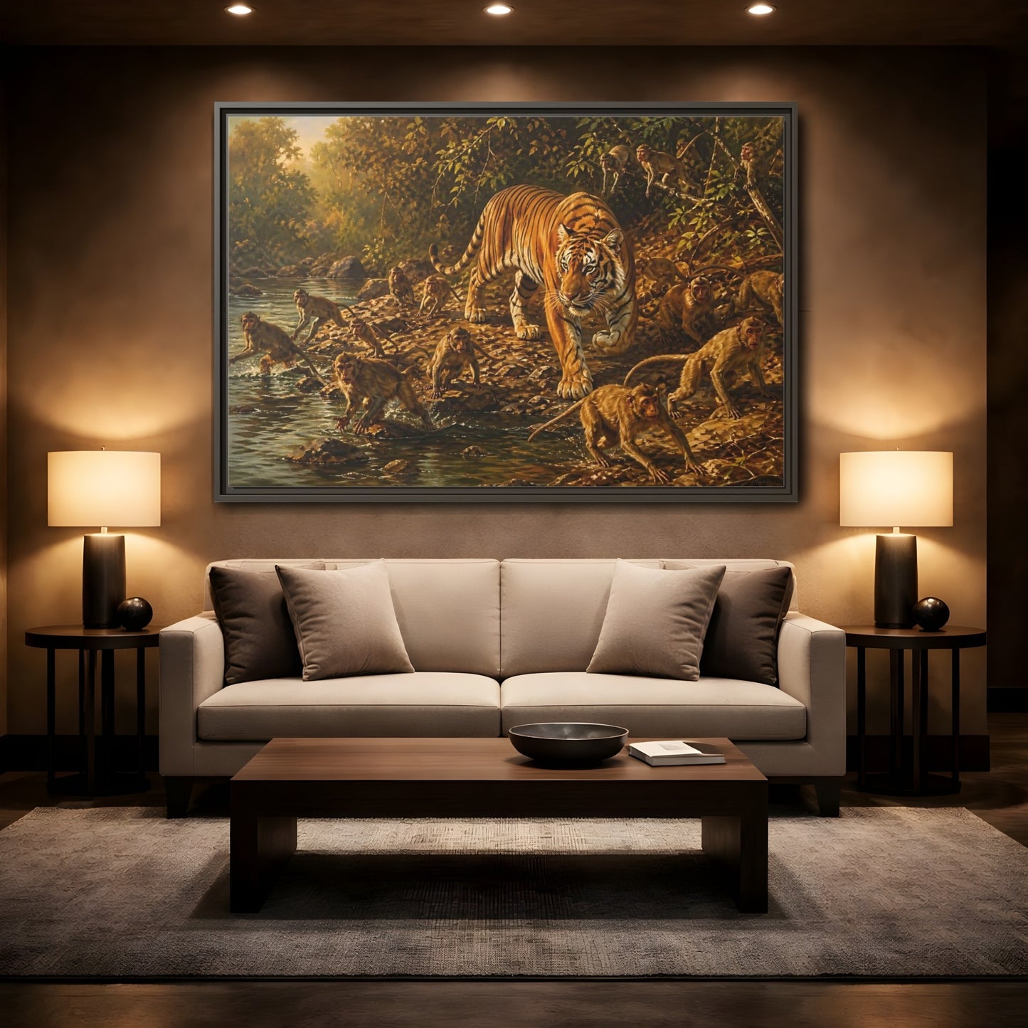 Mockup 2. Tiger Among Monkeys shown as framed canvas print