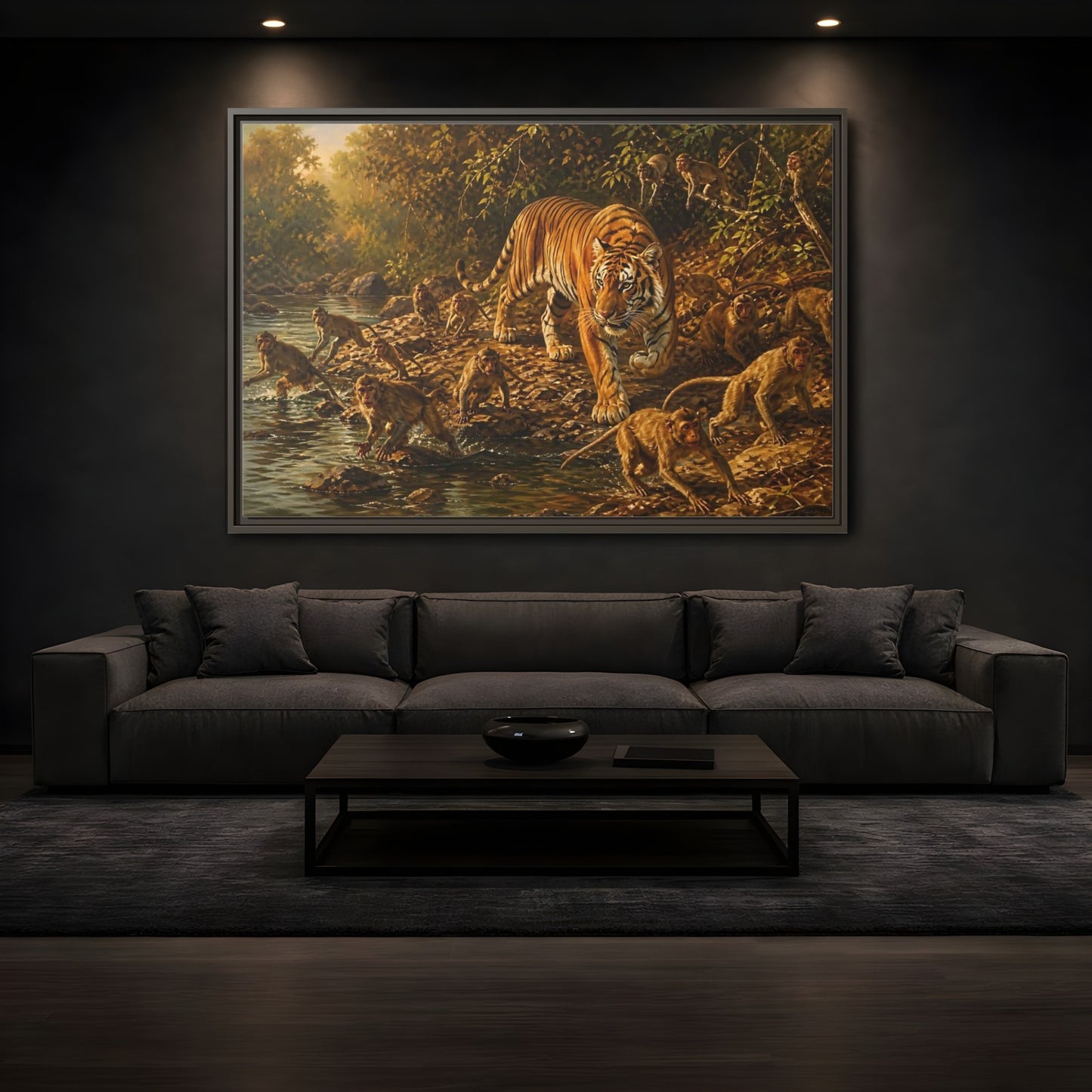 Mockup 3. Tiger Among Monkeys shown as framed canvas print