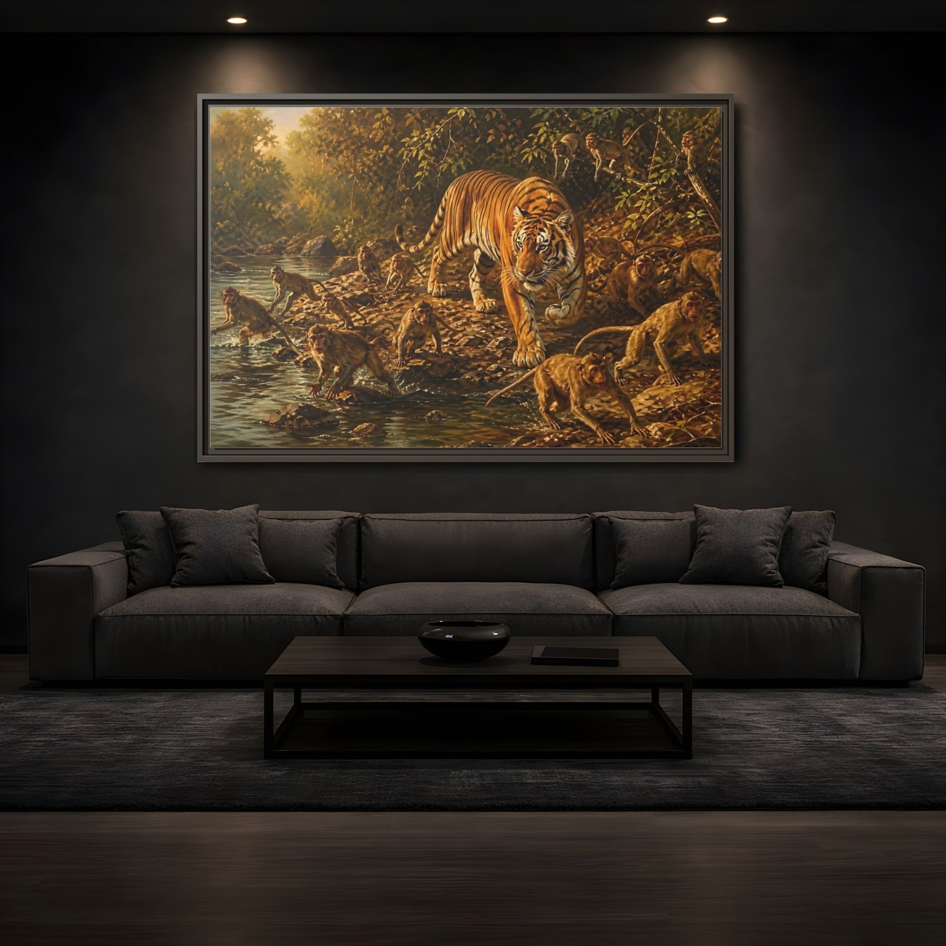 Mockup 3. Tiger Among Monkeys shown as framed canvas print