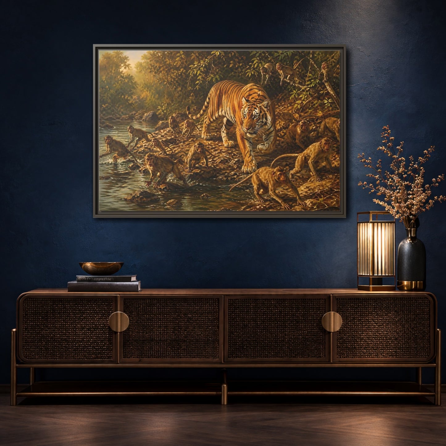 Mockup 4. Tiger Among Monkeys shown as framed canvas print