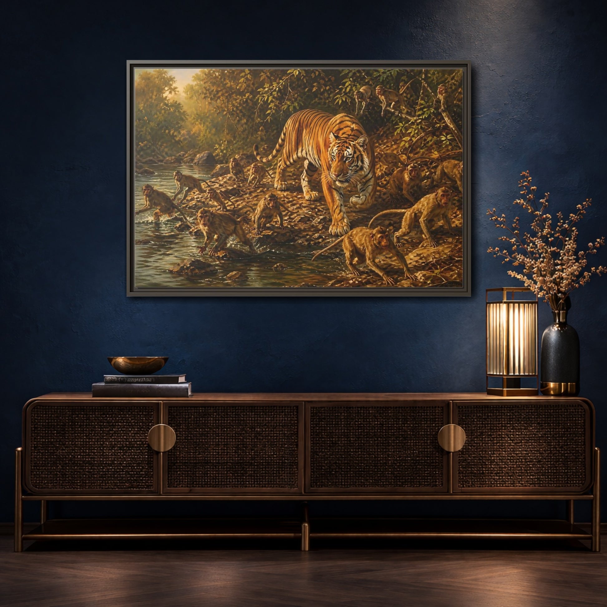 Mockup 4. Tiger Among Monkeys shown as framed canvas print