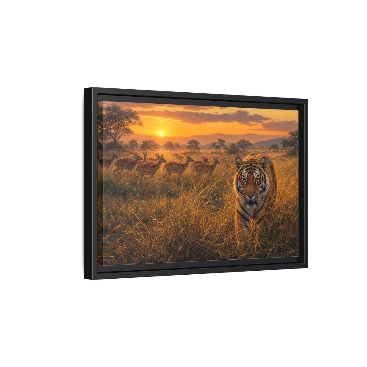 Side Mockup 6. Tiger And Deer At Sunset shown as framed canvas print